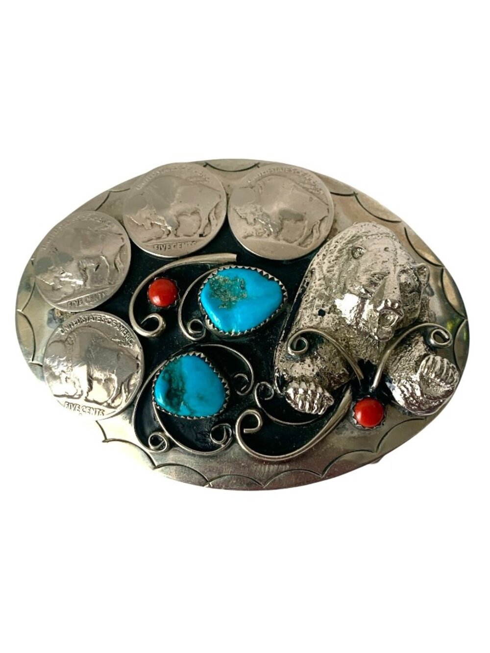 Navajo Vintage Navajo Belt Buckle Nickle Silver Turquoise Red Coral Bear